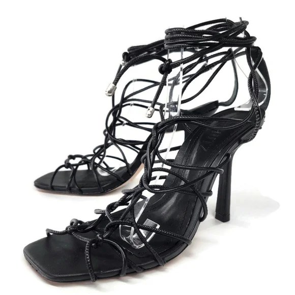 Schutz Heyde Black Leather Strappy Wrap Around & Tie Open-Toe High Heel Sandals - Picture 2 of 11